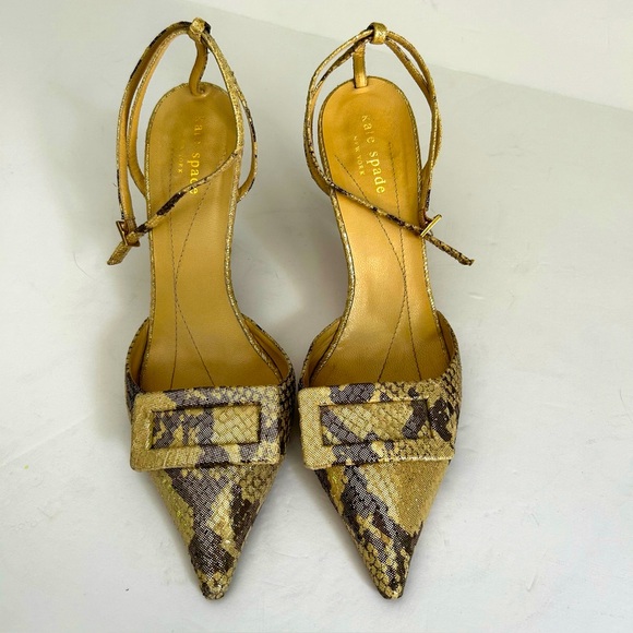 Kate Spade Pointy Toe Gold Metallic Reptile Print Baddie Ankle Strap Heels 7.5 M - Picture 1 of 8
